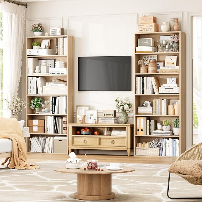 FOTOSOK 70.8" Tall Bookcase Shelf, 6 Tier Wide Bookshelf with Storage, Billy Bookcase Set of 2, Large Bookshelf for Living Room, Home Office,Light Oak