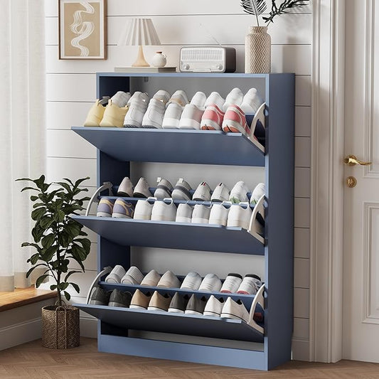 Shoe Storage Cabinet for Entryway with 3 Flip Drawers, Sturdy Wood Hidden Shoe Storage, Freestanding Narrow Slim Shoe Organizer for Front Door Entrance, Living Room, Hallway, Bedroom, Blue