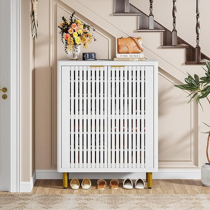 Tribesigns 6-Tier Shoe Cabinet with Shutter Doors, Large Wooden Shoe Organizer Rack with Adjustable Shelves, Modern Farmhouse Hidden Storage Furniture for Entryway, Hallway (White)