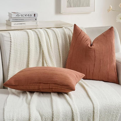 FUTEI Rust Chenille Decorative Throw Pillow Covers 16x16 Inch Set of 2,Soft Embossed Striped Textured Cushion Case,Modern Home Decor for Couch Bed Living Room