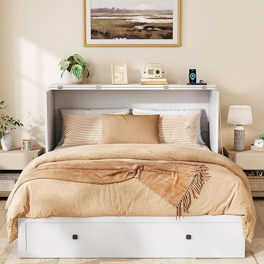 Murphy Bed Queen with Storage & Charging Station, Murphy Cabinet with Foldable Panel, Noisy Free, for Guest Bedroom, Living Room, Office, Distressed White