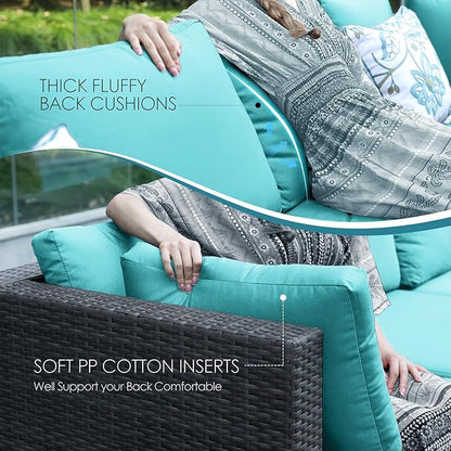NICESOUL Extra Large 9 Piece Patio Furniture Set with Fire Pit Table Natural Gas & Propane, 29.3'' High Back Rattan Outdoor Conversations, 8 Seater Modular Sofa Set, 2 Color Cushions Turquoise & Gray