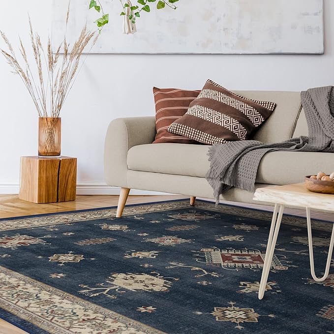 RUGGABLE Washable Vintage Area Rug – Verena Sapphire 10x14, Stain-Resistant, Non-Slip – Large Machine Washable Rugs for Living Room, Bedroom, Hallway, Entryway & Office–with Cushioned Pad