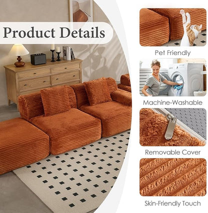 VK·LIVING 113" Cloud Sectional Couch, 61.6" Deep Seat Boneless Modular Sofa with Wide Armrests, Plush Corduroy Memory Foam Couch for Living Room, No Assembly, Orange