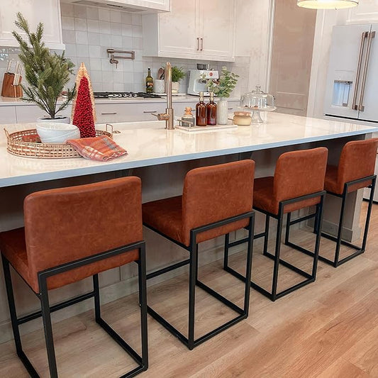 ALPHA HOME 24 Inch Bar Stools Set of 4, Kitchen Counter Stools with Backs, PU Leather Barstools, Kitchen Stools with Back&Upholstered Footrest, Sturdy Chromed Metal Steel Frame, Brown
