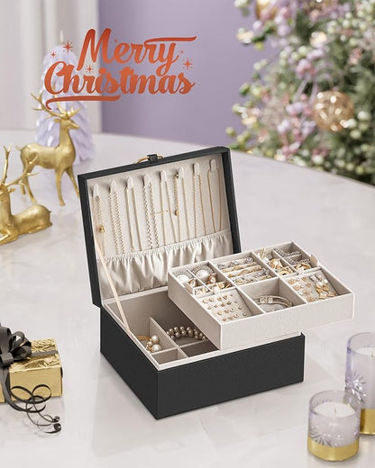 SONGMICS 2-Layer Jewelry Box, Jewelry Organizer with Handle, Removable Jewelry Tray, Jewelry Storage, Floating Effect, 8.1 x 9.4 x 4.3 Inches, Christmas Gift, Black UJBC165B01