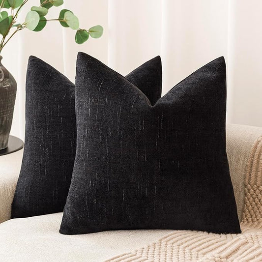 Foindtower Pack of 2 Soft Textured Chenille Throw Decorative Pillow Covers Square Accent Solid Cushion Cover Cozy Farmhouse Pillow Case with Zipper for Couch Sofa Bedroom Living Room 22x22 Inch, Black