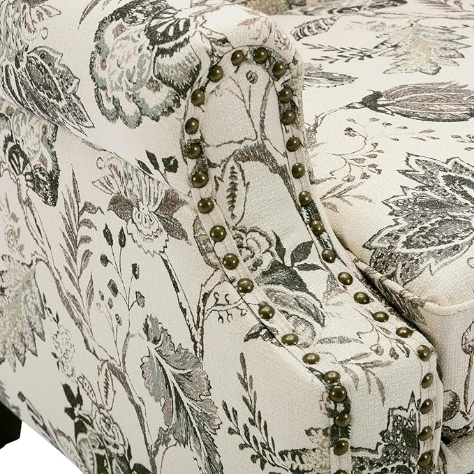 UIXE High Back Floral Accent Chair, Fabric Upholstered Armchair for Living Room, Retro Printed Wingback Arm Chair Nailhead Trim Single Sofa Bedroom Reading Seat - Beige Plants