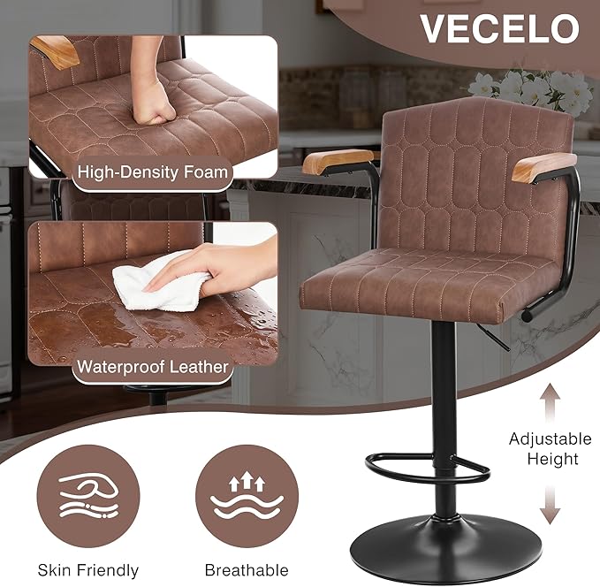 VECELO Bar Stools Set of 2, Adjustable Upholstered Swivel Barstools, Modern Counter Height Bar Stools with Back and Footrest, Island Chairs for Kitchen, Dining Room, Bar