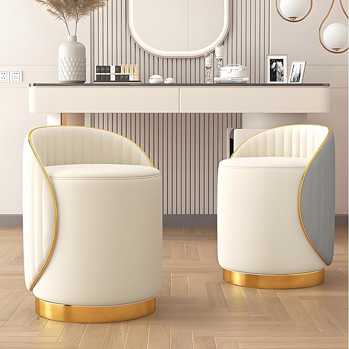 Swivel Round Vanity Stool - with Back Modern Comfy Vanity Chair/upholstered Ottoman Living Room Bedroom Makeup Chair,Orange