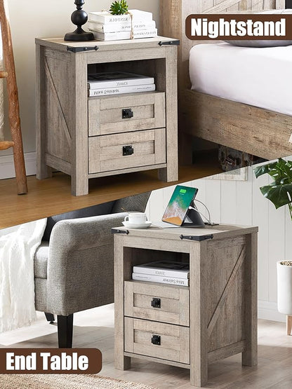 T4TREAM Farmhouse Nightstand Set of 2 with Charging Station, Rustic End Table with 2 Drawers, Storage Open Shelf for Bedroom, Living Room, Wood Side Table, Light Rustic Oak