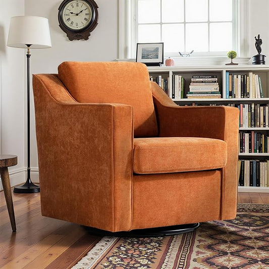 Pia Ricco 360° Swivel Accent Chair, Plush Oversized Chenille Fabric Armchair with Removable Cover for Living Room and Reception,Orange