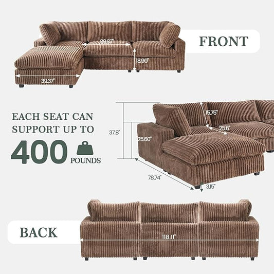 Modular Sectional Sofa, L Shaped Sofa with Chaise Ottoman, Deep Seat Cloud Sectional Couch, Couch Cushion Covers Removable, Comfy Modular Sofas for Living Room, Office, Apartment, Brown