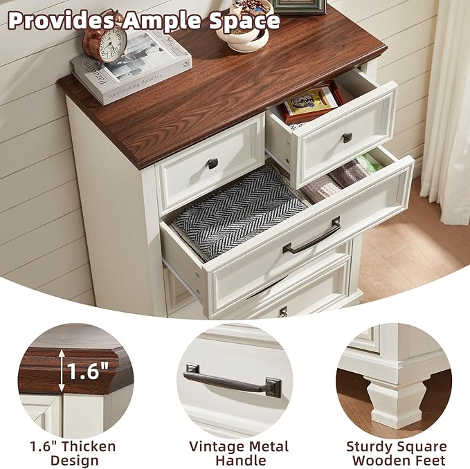 Farmhouse Bedroom Dresser and Nightstand Set of 4, 6 Drawer Tall & Low Dresser & 2 Drawer Nightstand Set, Rustic Wood Bedroom Furniture Set for Livingroom, Hallway, White