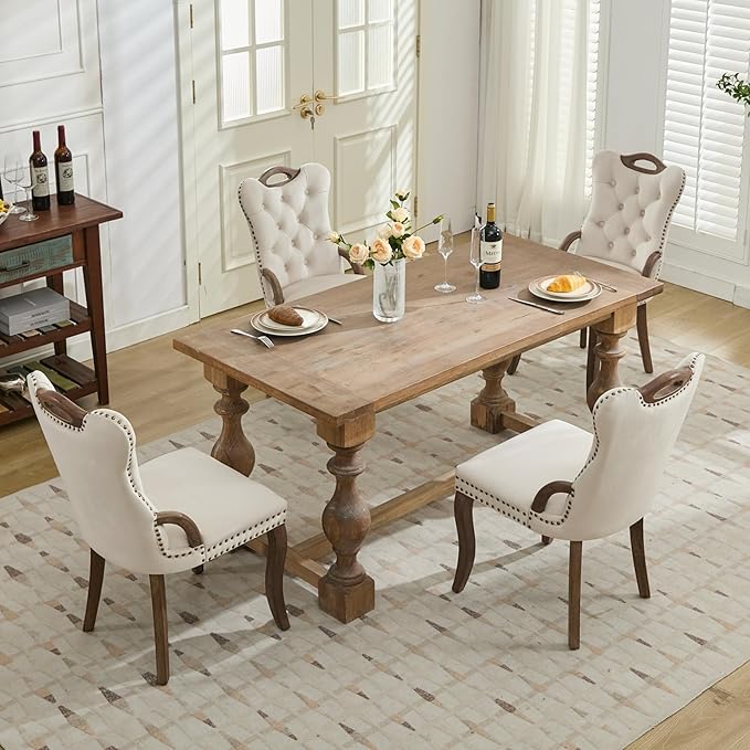 Velvet Dining Chairs Set of 6, Solid Wood Handles, Wooden Upholstered Dining Chair, Vintage Copper Nail Decoration, Mid Century Modern Kitchen Chair (Beige, Set of 6)