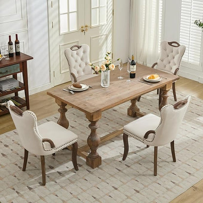 Velvet Dining Chairs Set of 6, Solid Wood Handles, Wooden Upholstered Dining Chair, Vintage Copper Nail Decoration, Mid Century Modern Kitchen Chair (Beige, Set of 6)