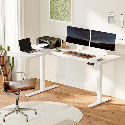 SANODESK 71-Inch Large Dual Motor L-Shaped Electric Height Adjustable Standing Desk - Reversible Panel - White Top/White Frame - Ideal for Gaming, Home Office or Computer Workstation