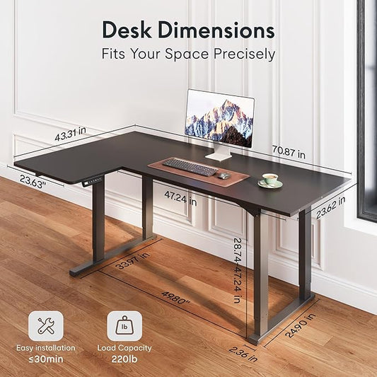 FLEXISPOT 4-Leg L-Shaped Standing Desk, 71 x 43 Inches Electric Height Adjustable Desk with Memory Controller, 220lb Load Capacity, Reversible L/R Corner Desk for Home Office, Gaming & Study, Black