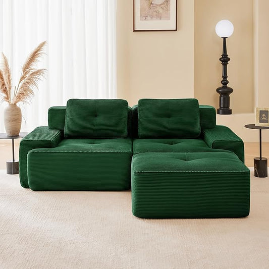 80.3” Green Boneless Couches for Living Room, Modular Sectional Sofa with L-Shape Chaise, 2 Seater Comfy Upholstered Loveseat Deep Seat Corduroy Fabric Cloud Couch No Assembly, Anti-Slip Design