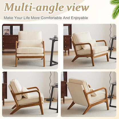 VINGLI Upgraded Premium Corduroy Accent Chair,Upholstered Arm Chair,Solid Wood Comfy Reading Chair with Lumbar Pillow, Mid Century Modern Chairs for Living Room,Bedroom,Guest Room,Beige