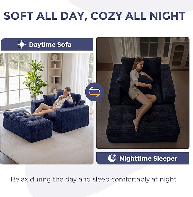 MAXYOYO Modular Sectional Chaise Lounge Sofa, Upholstered Lounge Chair with Ottoman, Comfy Couch with Layered Cushion, Tufted Upholstered Sleeper Chair for Living Room, No Assembly, Navy