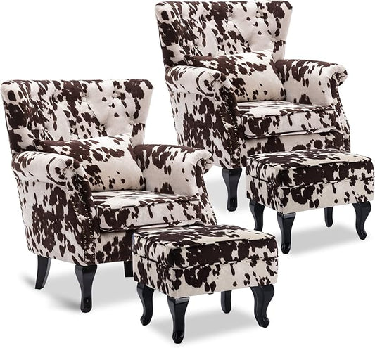 Accent Reading Arm Chairs with Ottoman Set of 2 for Living Room Bedroom, Midcentury Modern Corner Sofa Chair, Wingback Waiting Room Club Chair with Tufted Back &Lumbar Pillow, Fabric Cow