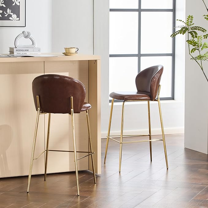 Christopher Knight Home Kira Indoor Upholstered Barstool with Metal Frame Set of 2, Bar Chairs Kitchen Stools, Comfy Faux Leather Bar Seating for Island Kitchen, 29.5''Seat Height, Dark Brown+Gold