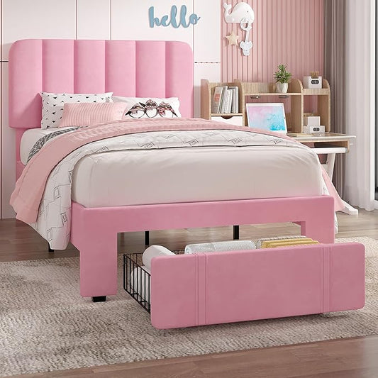VECELO Twin Size Upholstered Bed Frame with 4 Drawers and Headboard, Velvet Platform Storage Bedframe, Wooden Slats Support, No Box Spring Needed,Pink