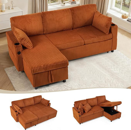 84" Corduroy Pull Out Sofa Bed w/Adjustable Backrests, Sectional L-Shape Sleeper Sofa w/Storage Chaise, Convertible Couch Bed w/USB Charging Port & Cup Holders for Living Room, House, Orange