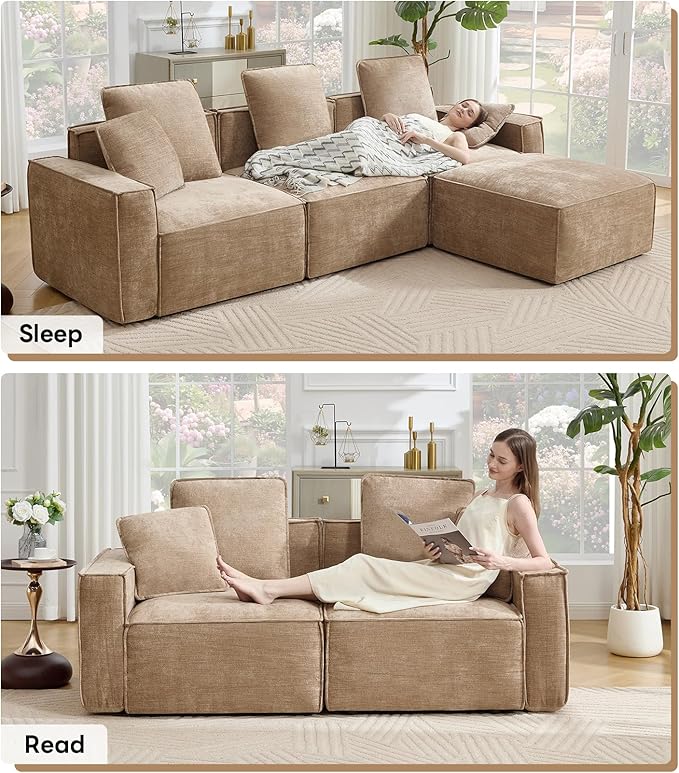 WILLOVE Modular Sectional Sofa Set, Chenille Cloud Couch with Wide Armrests & 8 Pillows, Deep Seat Couches for Living Room, 2+4-Seater Khaki
