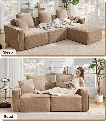 WILLOVE Modular Sectional Sofa Set, Chenille Cloud Couch with Wide Armrests & 8 Pillows, Deep Seat Couches for Living Room, 2+4-Seater Khaki