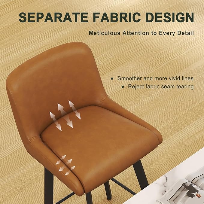 Swivel Counter Height Bar Stools Set of 2, 30''H Upholstered Barstools with Backs, Modern Bar Stool Chairs for Kitchen Island, Metal Legs, Faux Leather, Whiskey Brown Stools Counter Chair