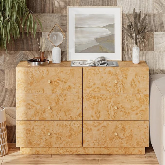 Modern 6 Drawer Dresser Set of 2 with Burl Finish, Wide Wood Chest of Drawers Clothes Organizer, Stylish Large Storage Cabinet for Bedroom or Entryway