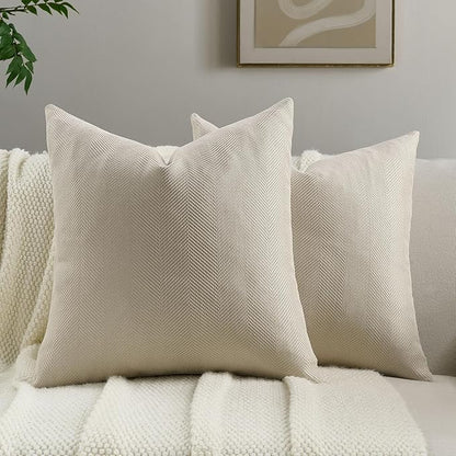 FUTEI Beige Chenille Throw Pillow Covers 16x16 Inch Set of 2,Soft Wide Chevron Textured Cushion Case,Farmhouse Home Decor for Couch Bed Living Room