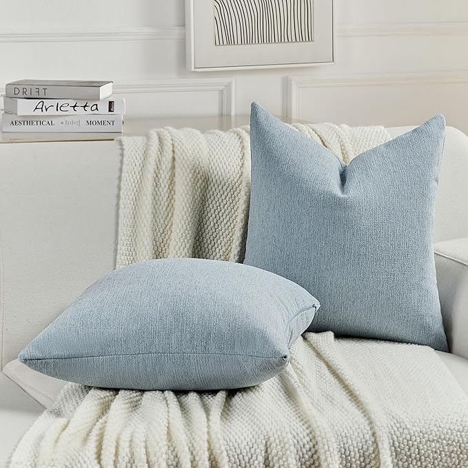 FUTEI Denim Blue Chenille Decorative Throw Pillow Covers 12x20 Inch Set of 2,Soft Cozy Faux Linen Textured Lumbar Pillow Cases,Farmhouse Home Decor for Couch Living Room