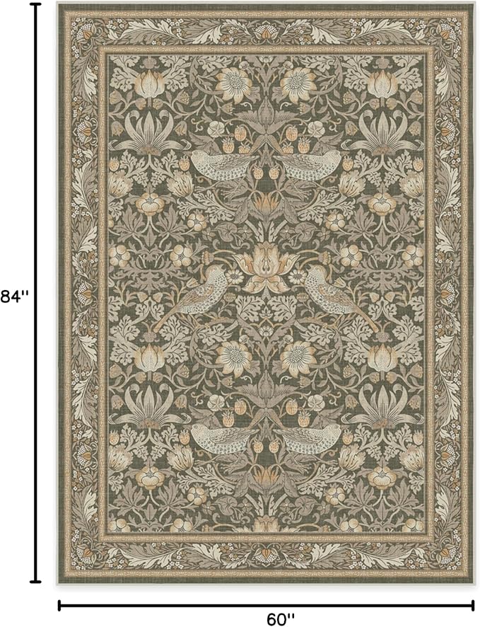 RUGGABLE x Morris & Co Washable Area Rug–Strawberry Thief Stone Gold 5x7, Stain-Resistant, Non-Slip–Medium Machine Washable Rugs for Living Room, Bedroom, Hallway, Entryway & Office–with Standard Pad