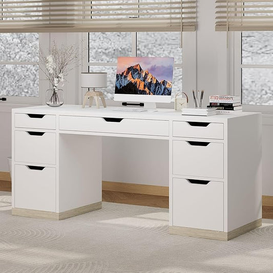 White Desk with 7 Drawers, 54 Inch Executive Desk with Drawers for Bedroom, Home Office Desk with Cabinet for Work Writing Study, Small Spaces