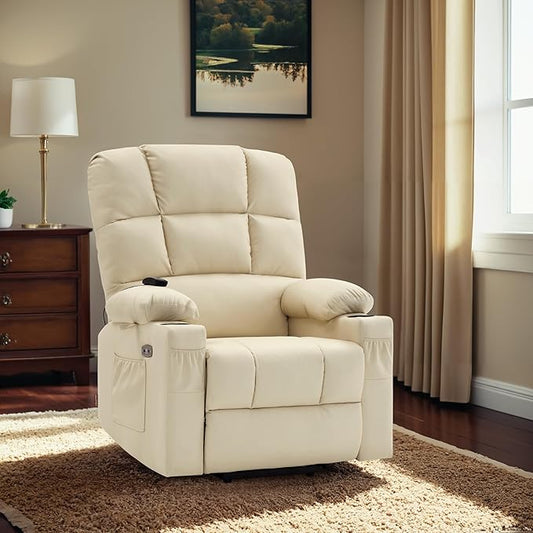 MCombo Large Dual Motor Power Lift Recliner Chair for Elderly, Massage and Heat, Lay Flat, Zero Gravity, Home Button, USB Port, Faux Leather 7680 (Cream White, Large)