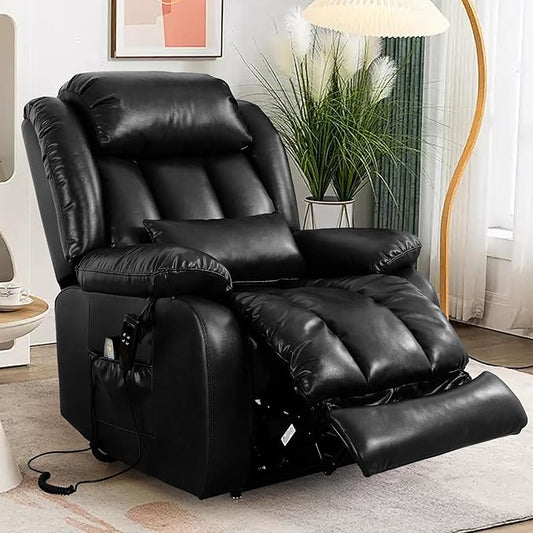 EDILLY Large Lift Chair Recliner, Genuine Leather Dual Motor Recliners Chairs for Elderly, Heating and Massage for Seniors, Double Lumbar Cushions and Extended Footrest, USB/Type-c Port(Black)