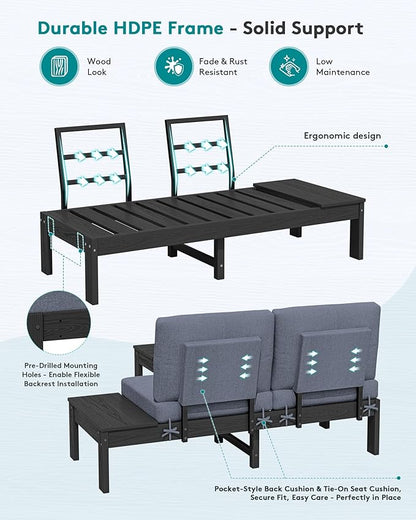 SERWALL HDPE Outdoor Sofa Set, All-Weather Patio Furniture Set, Seats 6, Modular Sectional Patio Furniture for Deck, Yard and Balcony, Black Frame with Grey Cushion