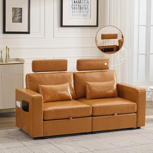 69.7" Loveseat Storage Sofa, Faux Leather Love Seat Couch with Headrest & Pocket, Modular Sectional Cloud 2 Seater Sofas for Living Room Apartment Small Spaces, Oversized Deep Seat Couches, Brown
