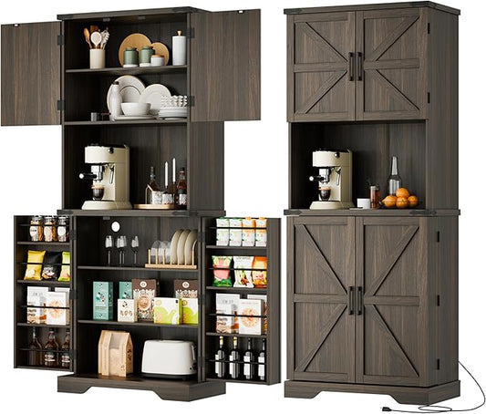 Cozy Castle 74" Farmhouse Pantry Cabinet with Charging Station, Tall Kitchen Storage Hutch Cabinet Coffee Bar Workstation, Sideboard Buffet Cupboard for Dining Room Living Room Furniture, Dark Brown