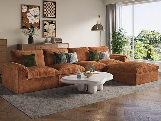 EASE MOOSE Oversized Cloud Couch Sectional Sofa, L-Shaped Large Modular Couch for Living Room, Minimalist Boneless Convertible Couches with Ottoman, 5-Seat Deep Sofas for Bedroom, Chenille (Brown)