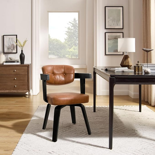 Art Leon Desk Chair No Wheels - Modern Faux Leather Office Chair Mid Century Swivel Desk Chair, Comfy Accent Armchair with Wooden Legs for Small Spaces Home Office Living Room Bedroom Study, Brown