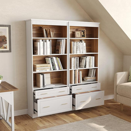 LITTLE TREE 72" Tall White Bookcase, 5-Tier Office Bookself with File Cabinet Drawers,Modern Floor Standing Storage Filing Cabinet Book Shelf for Living Room,Bedroom(2 Piece,White)