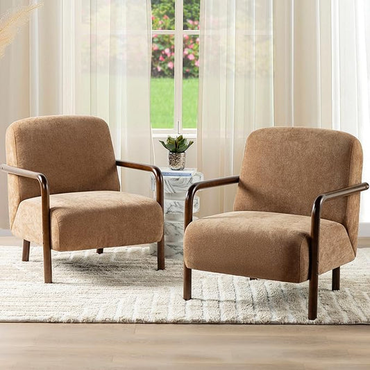 Glitzhome Accent Chair Set of 2, Mid-Century Modern Living Room Chairs with Extra-Cushioned Fabric & Walnut Rubber Wood Frame, Comfy Armhairs for Living Room/Bedroom/Reading Room/Office