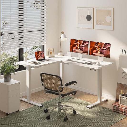 L-Shaped Standing Desk, 63 x 55 Inches Height Adjustable Desk, Sit and Stand up for Work Office Home, Ergonomic Rising Computer Table for Home Office with Splice Board, White