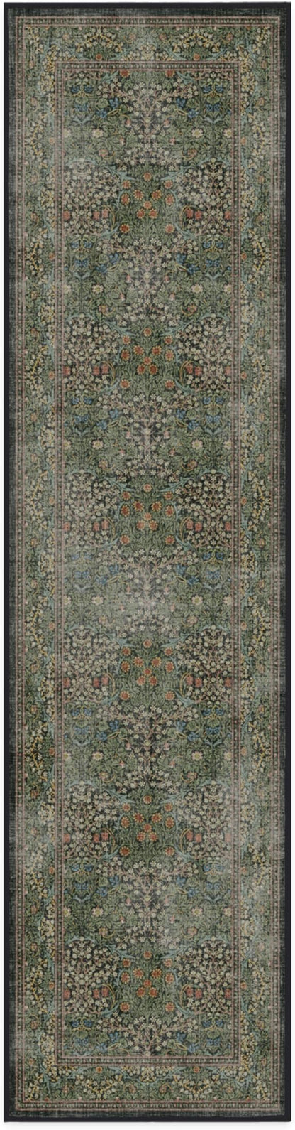 RUGGABLE x Morris & Co Machine Washable Runner Rug – Blackthorn Forest Green 2.5x10, Stain-Resistant, Non-Slip – Washable Rug for Hallway, Entryway, Living Room & Kitchen–with Standard Pad