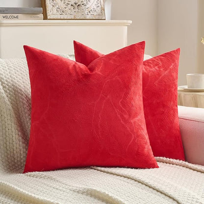 FUTEI Christmas Red Velvet Throw Pillow Covers 20x20 Inch Set of 2,Soft Embossed Leaf-Relief Textured Cushion Cases,Natural Home Decor for Couch Living Room