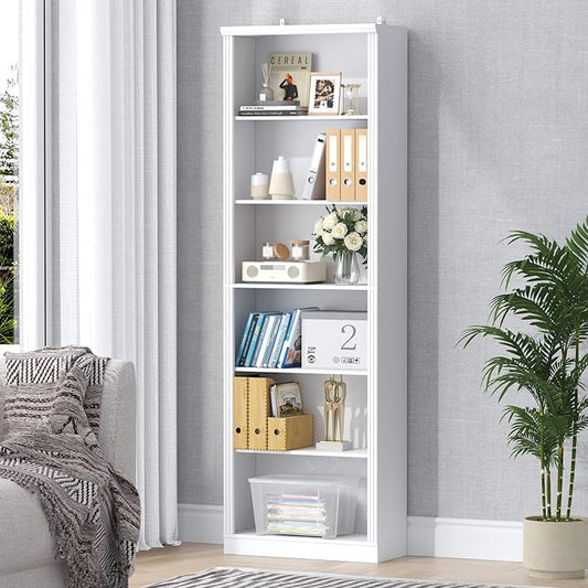 75" Tall Bookshelf & Bookcase, 6-Tier Adjustable Storage Shelves, Book Shelf with Anti-Tipping Device, Floor Standing Modern Display Rack for Living Room, Bedroom, Office, White